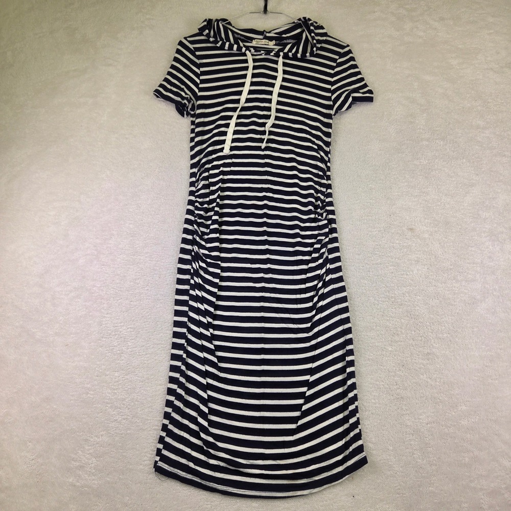 Heart & Hips Navy Blue White Striped Hooded Ruched Midi Dress Small